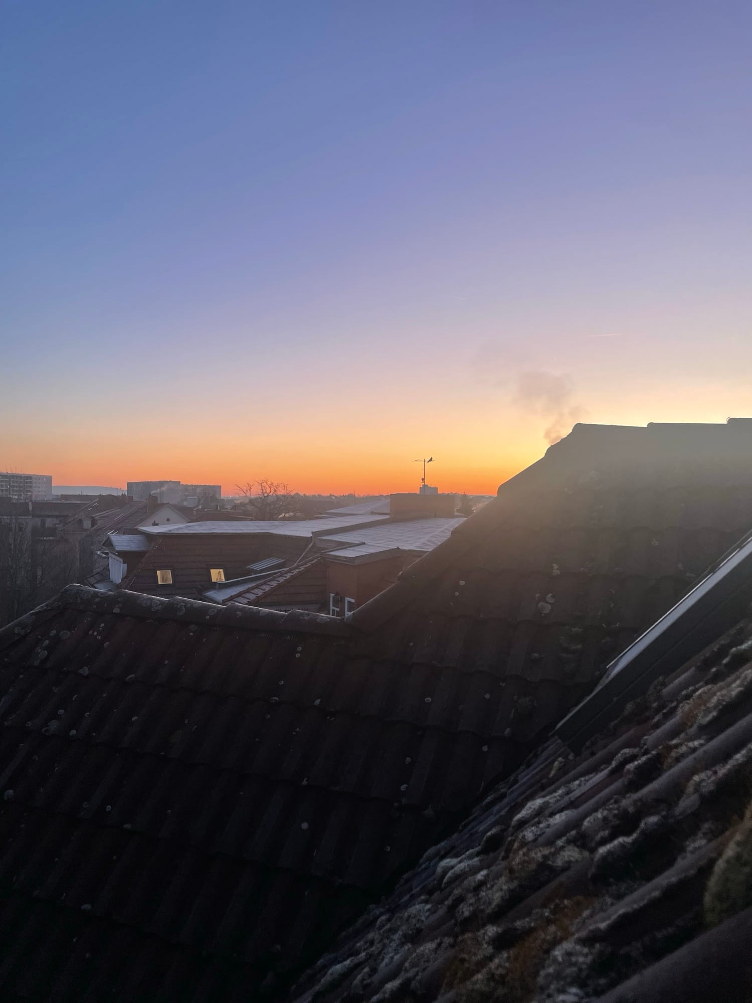 Noch von der Nacht dunkle Dächer, bewachsen mit Moos und Eis, im Hintergrund sieht man im Horizont die Sonne langsam aufgehen, ein Streifen ist bereits orangefarben.